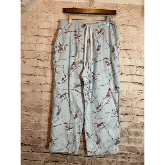 The Cat's Pajamas Flannel Pajama Set Womens Medium Blue Bird Print Winter Scene - Picture 13 of 15